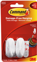 Command 17082 Designer Hook, 1/4 in Opening, 1 lb, 2-Hook, Plastic, White