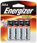 Energizer E91 Series E91BP-4 Alkaline Battery, AA Battery, Zinc, Manganese