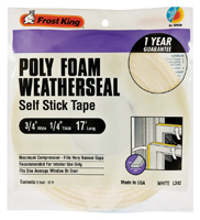 Frost King L342H Foam Tape, 3/4 in W, 17 ft L, 1/4 in Thick, Polyfoam, White