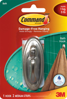 Command 17051BN-B Decorative Hook, 3 lb, 1-Hook, Plastic, Silver, Brushed