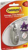 Command 17051BN Decorative Hook, 3 lb, 1-Hook, Plastic, Silver, Brushed