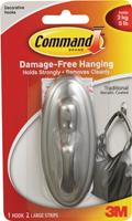 Command 17053BN Decorative Hook, 5 lb, 1-Hook, Plastic, Silver, Brushed