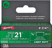 Arrow JT21 Series 214 Flat Crown Staple, 1/4 in L Leg, 0.03 ga, Pack
