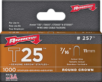 Arrow T25 Series 257 Round Crown Staple, 7/16 in L Leg, Pack