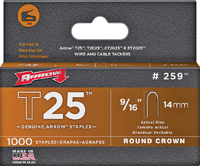Arrow T25 Series 259 Round Crown Staple, 9/16 in L Leg, Pack
